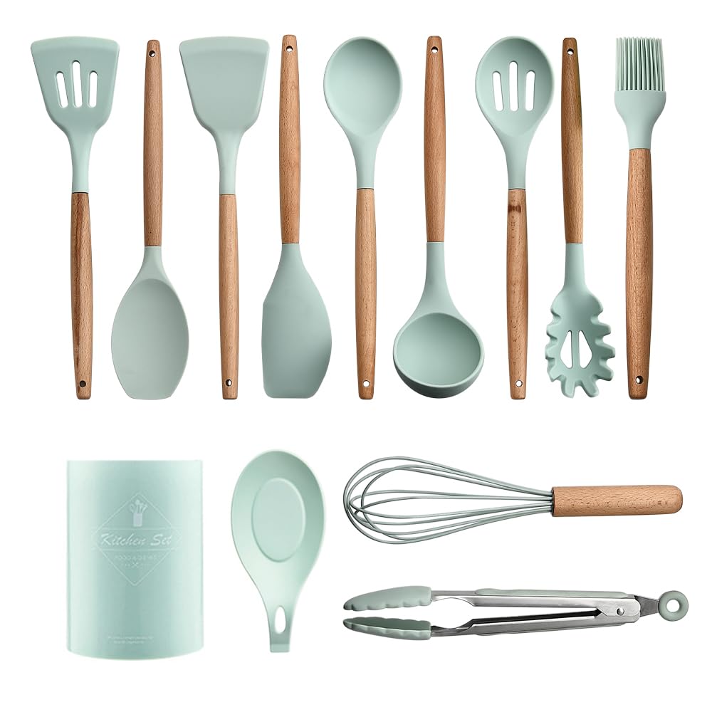 Kitchen Utensils Set for Cooking : 13 Pieces Silicone Wood Handle Kitchen Spatula Set - Heat Resistant Kitchen Gadgets Tools for Non-Stick Cookware(Green)