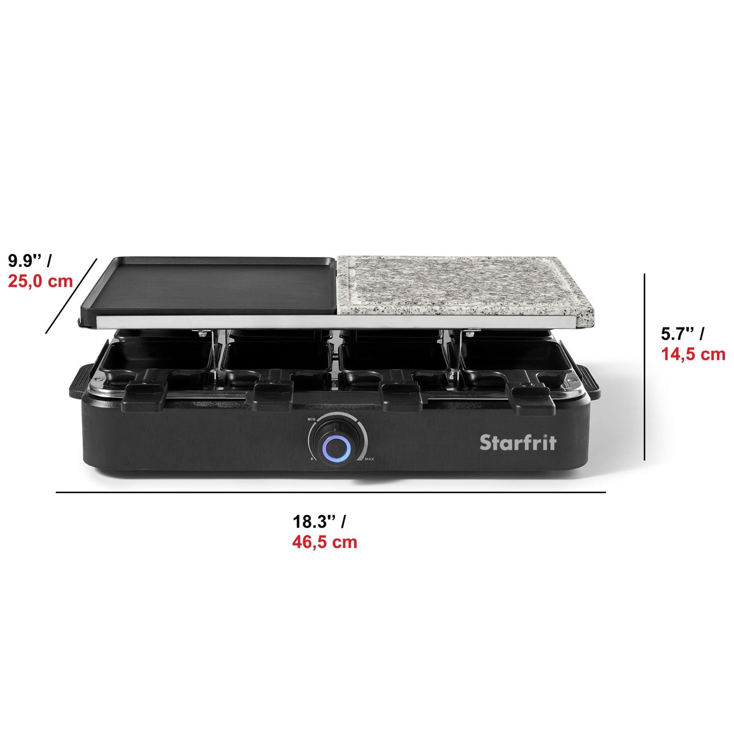 Starfrit 8-Person Raclette Party Grill - 2-in-1 Die-Cast Aluminum & Cooking Stone - Reversible Grill/Griddle Plate - Adjustable Temperature - 8 Non-Stick Spatulas & Dishes -1300W