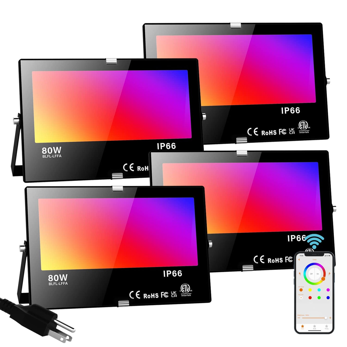 LED Flood Light Outdoor 800W Equivalent, Bluetooth Smart Color Change Landscape Lighting, DIY-Scene+RGB Colors+Warm White 2700K -APP & Group Control & Timing, IP66 Waterproof US 3-Plug Up Light 4Pack
