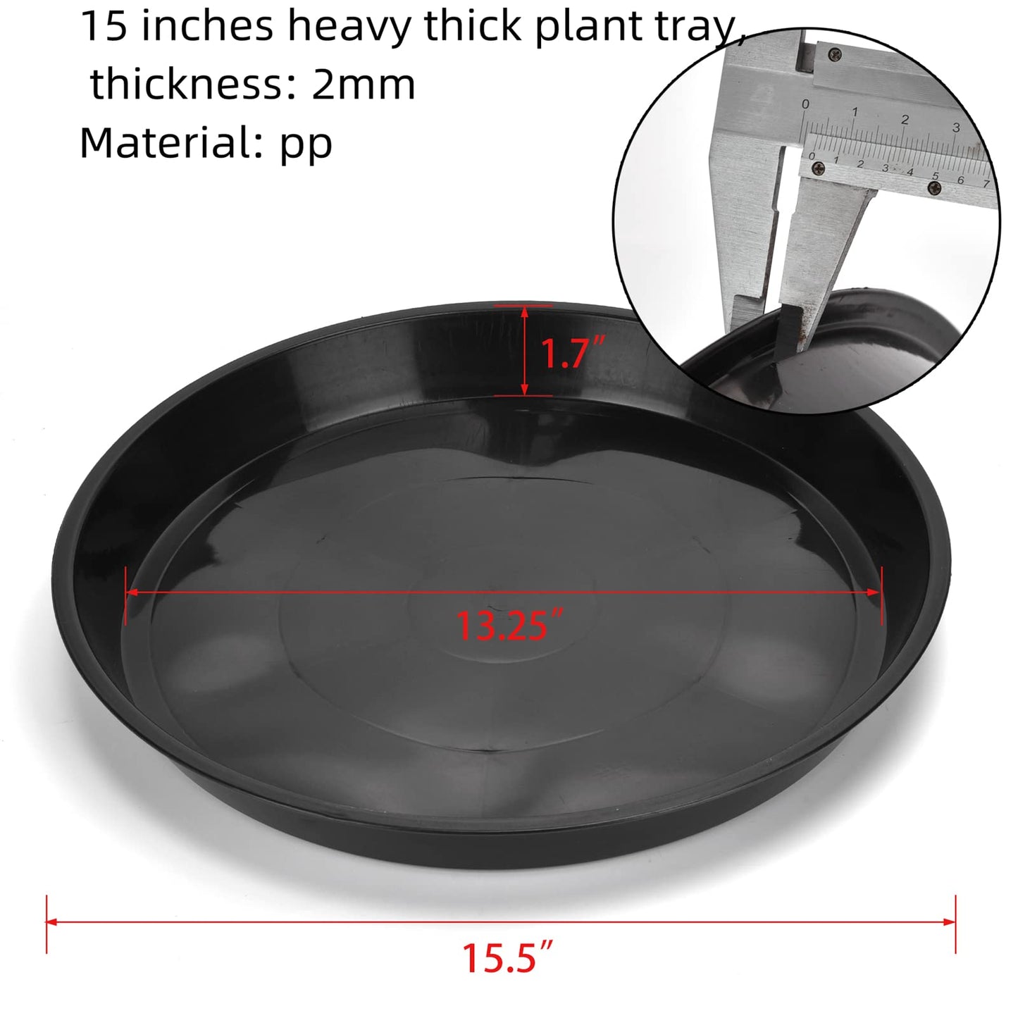 Grespri 15 in Plant Saucers, 5 Pack Black Plastic Trays with 1.6 in Deep Well, Glossy Drip Pans for Indoor/Outdoor, Fits Pot Bases up to 13.3 in, Weather-Ready for Large Pots & Grow Bags