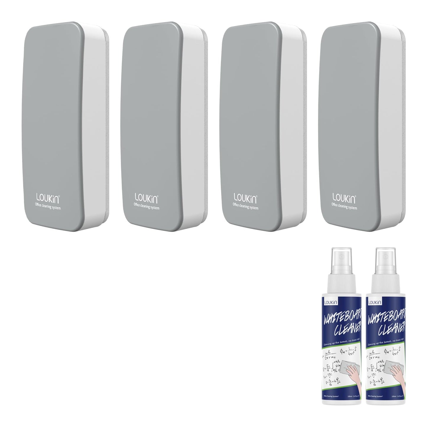 loukin 4 Pack Magnetic Dry Erase Eraser, Whiteboard Glass Board Eraser(Grey), Two Bottles of 3.4 Oz Whiteboard Cleaner Included, for Classroom, Home and Office Use