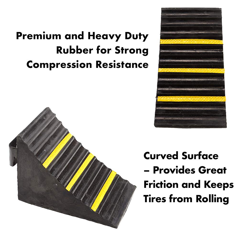 Genubi Industry 2 Pack Black Heavy Duty Extra Large Solid Rubber Wheel Chock with Portable Handle for Travel Trailer, Truck, Commercial Vehicle and RV, 9.5 Inches x 6 Inches x 7 Inches