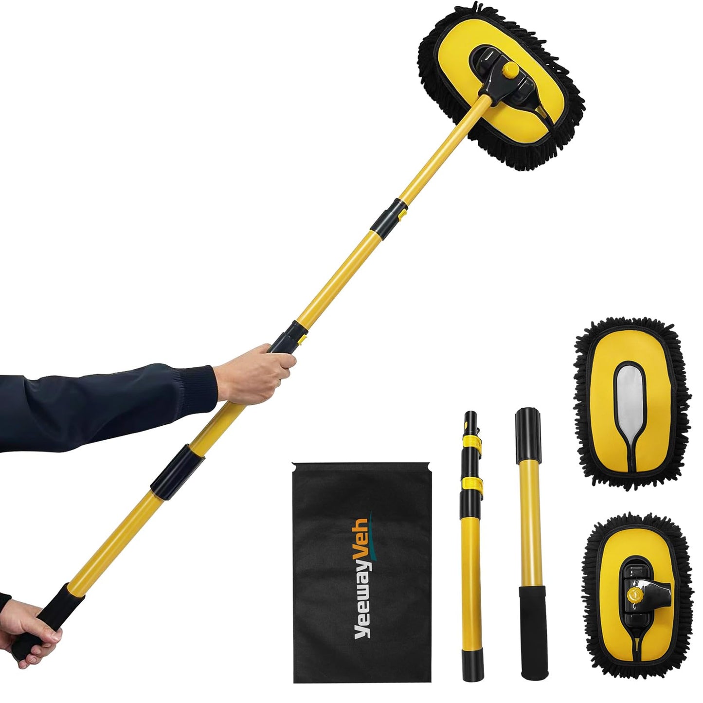 YeewayVeh 140cm 55" Car Wash Brush Mop with Long Handle, 15° Curved Car Wash Cleaning Kit Extendable Microfiber Sponge with Storage Bag for Truck RV Camper Cleaning (2 x Mop Head Cover)