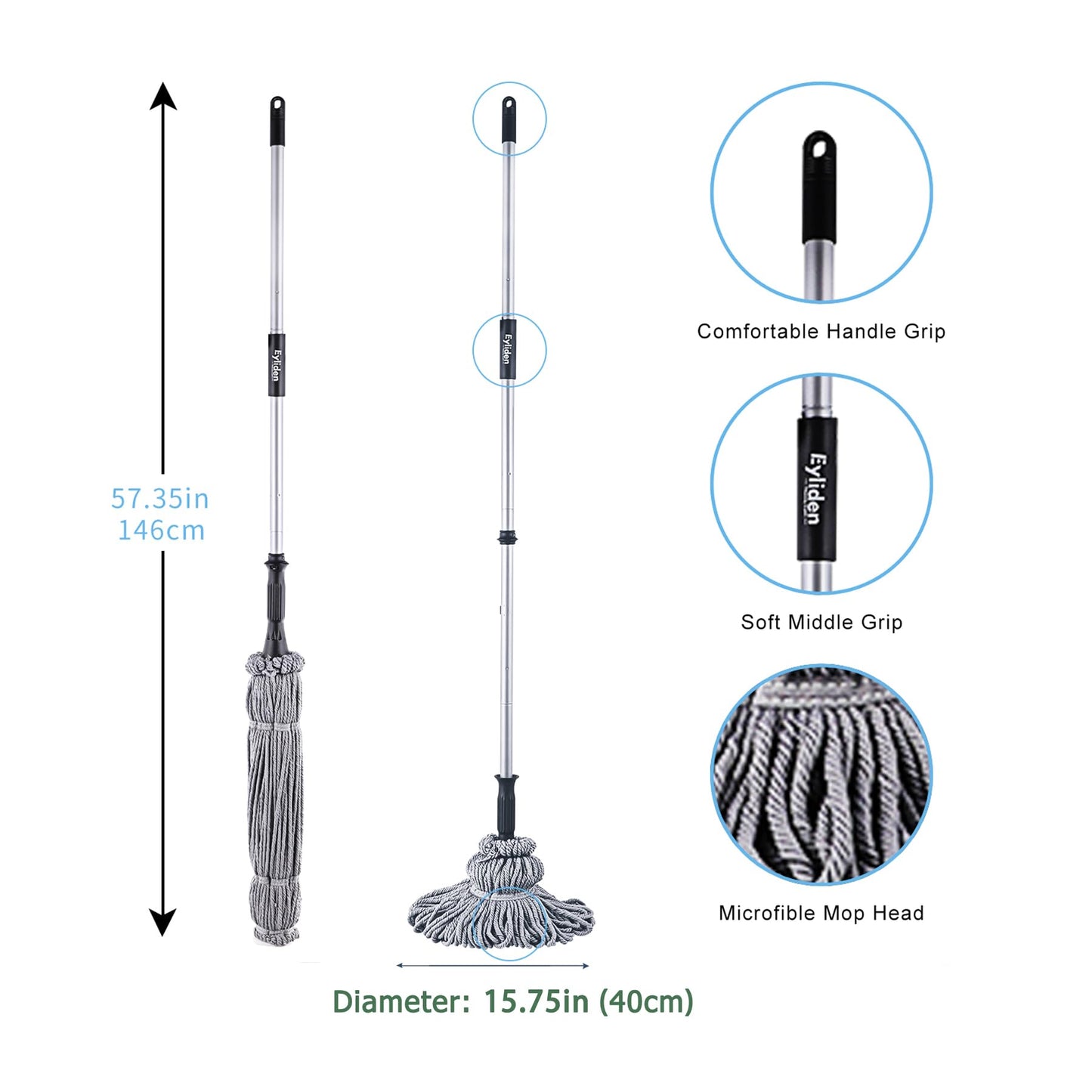 Eyliden Microfiber Twist Mop - Hand Release Washing Mop for Floor Cleaning - Dry&Wet Mops with Wringer, 2 Removable Washable Heads, 57.5inch Long Handle, Scouring Pad (Grey)