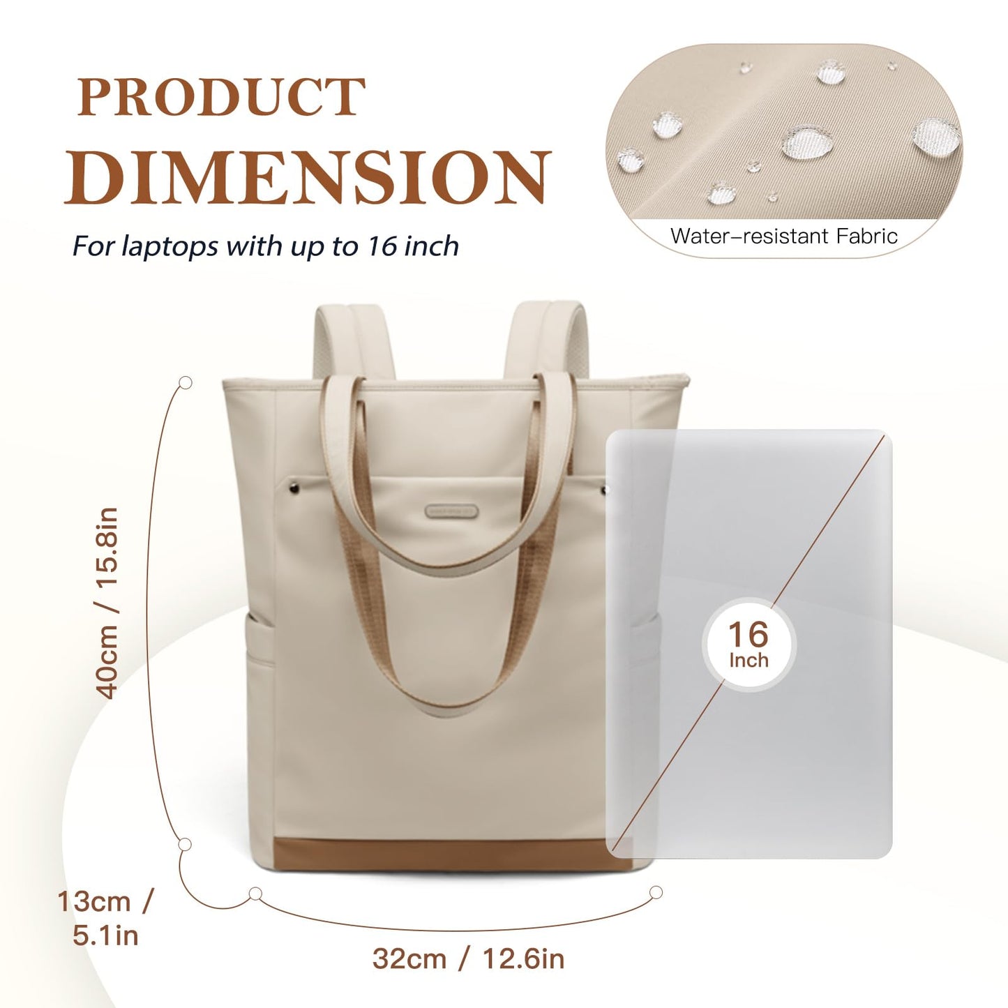 GOLF QUALITY Convertible Laptop Backpack for Women Men Carry on Tote Backpack Teacher Bookbag for College Work Nurse Travel Leisure,16 Inch,Apricot