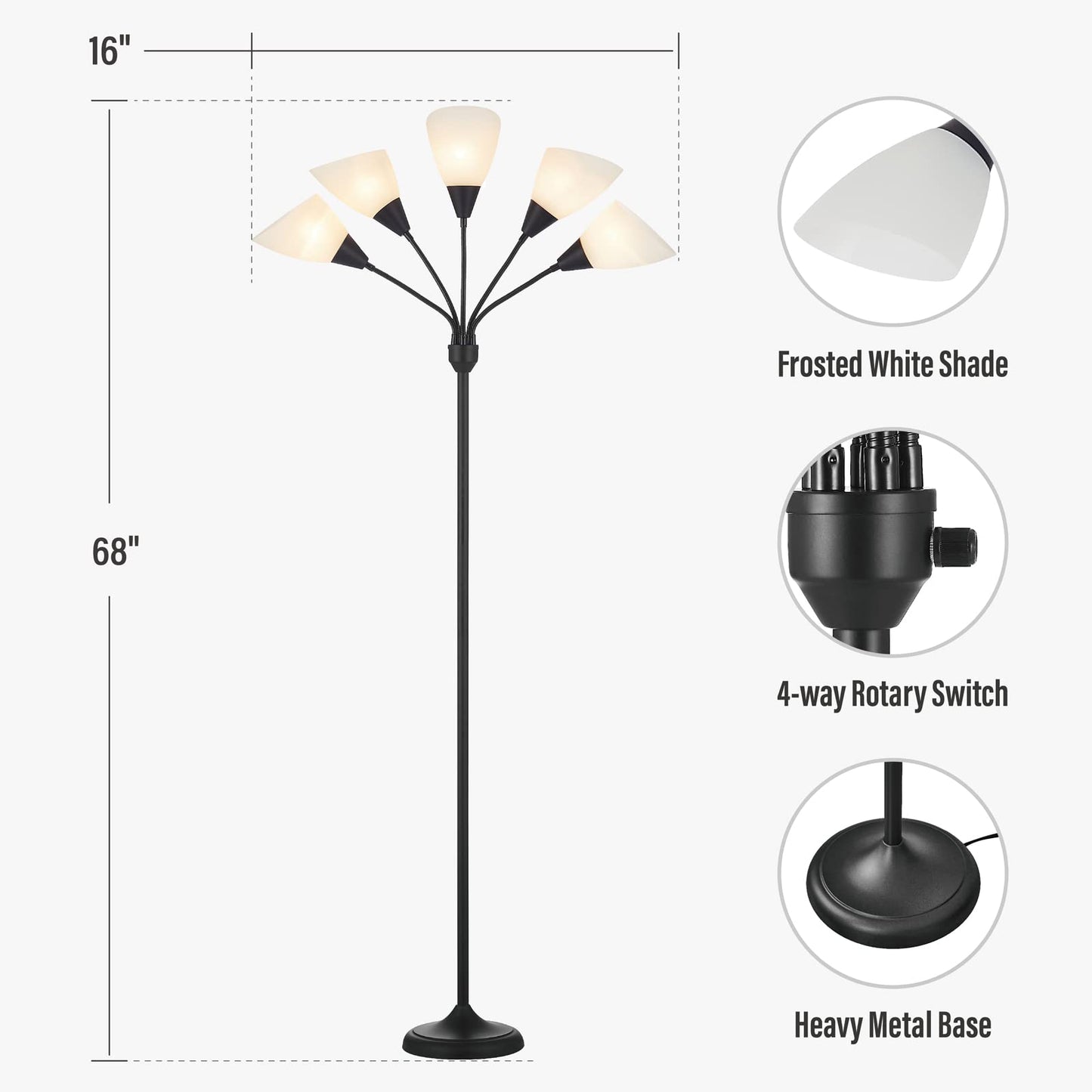 HonoDing Medusa Floor Lamps Standing Lamps 5 Heads Adjustable Reading Light Large Shade Use E26 A19 Bulb Floor Lamps for Living Room Bedroom