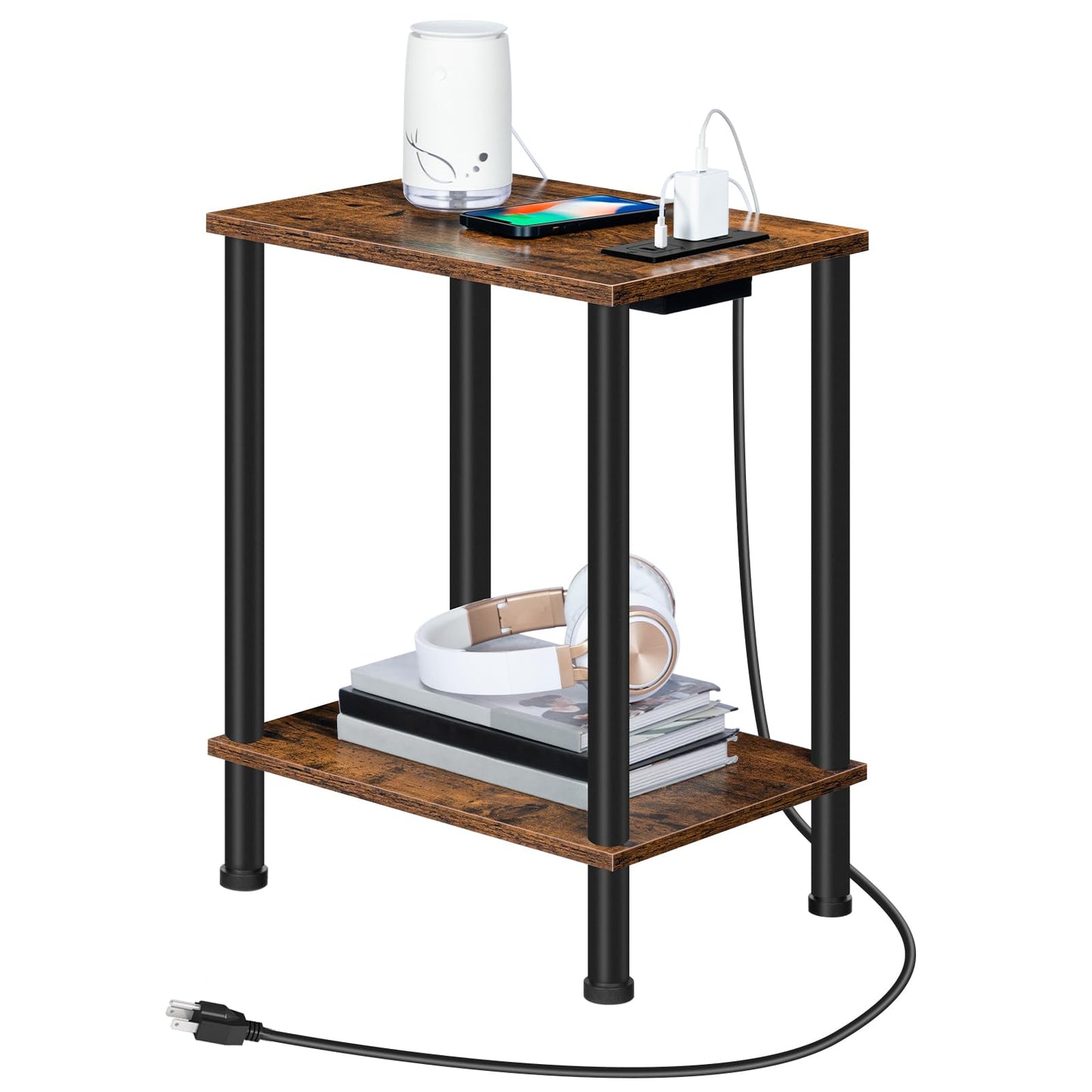 HOOBRO Side Table with Charging Station, End Table with USB Ports and Outlet, Nightstand with 2-Layer Storage Shelves for Small Spaces, Living Room, Bedroom, Stable Frame, Rustic Brown BF09UBZ01