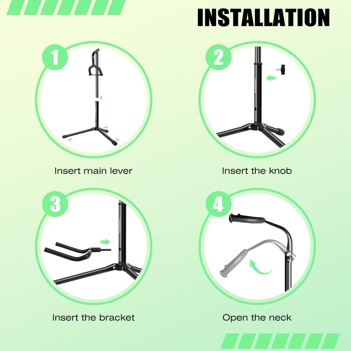 Linrax Guitar Stand with Neck Holder, Folding Guitar Stand, Adjustable Height, Non-Slip Rubber and Foam Arms, Universal Guitar Holder for Acoustic Classical Electric Guitar Bass, Tripod Guitar Rack