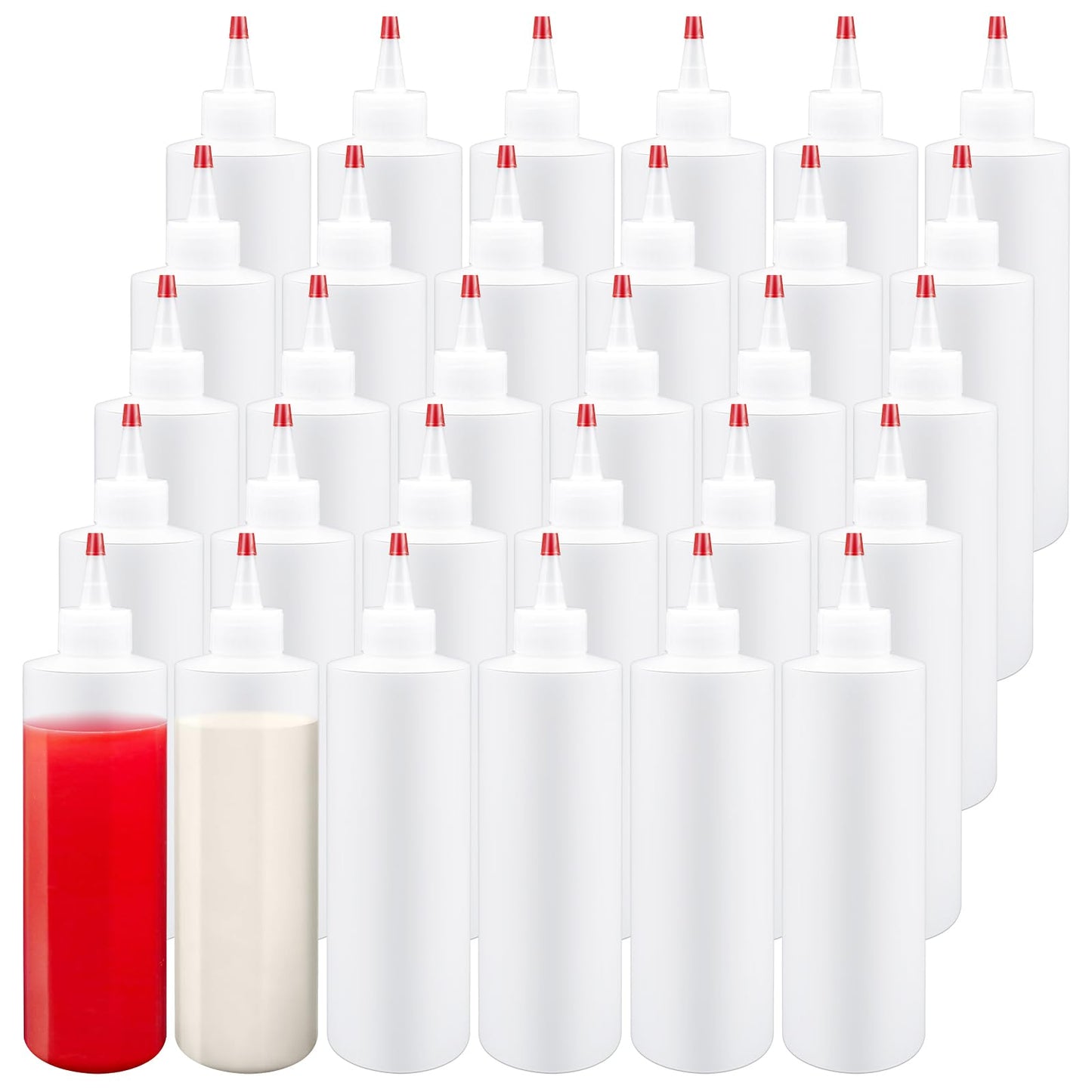 16 oz Plastic Squeeze Bottles,30 Pack Condiment Squeeze Bottles for Liquids, Refillable Squirt Bottle with Red Top Cap for Ketchup, BBQ, Sauces, Syrup, Dressings, Arts and Crafts