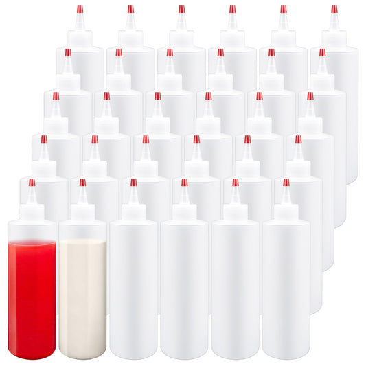 16 oz Plastic Squeeze Bottles,30 Pack Condiment Squeeze Bottles for Liquids, Refillable Squirt Bottle with Red Top Cap for Ketchup, BBQ, Sauces, Syrup, Dressings, Arts and Crafts