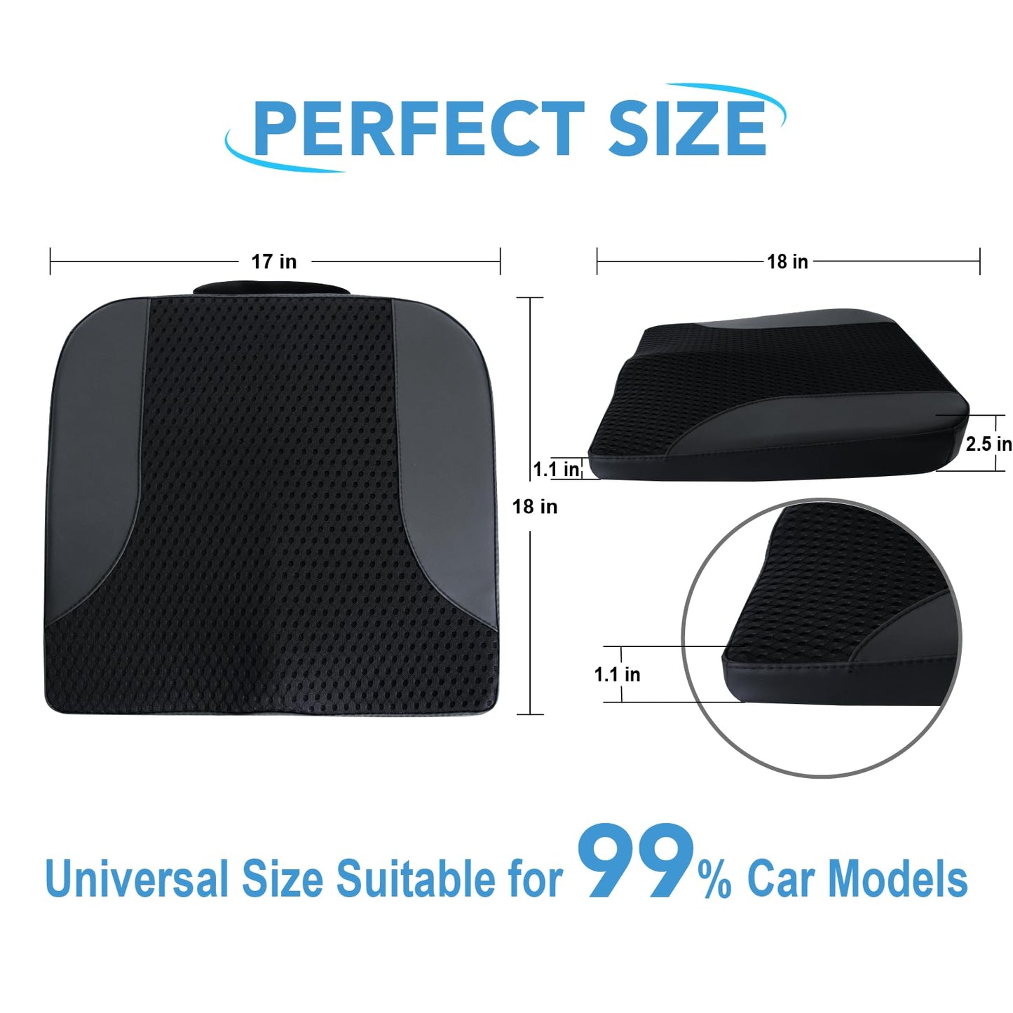 Car Seat Cushion: Comfortable Memory Foam Car Seat Cushion for Driving - for Sciatica-Tailobone Pain Relief - Seat Cushion for Car-Truck, Office, Wheelchair - Black Leather & 4D Mesh