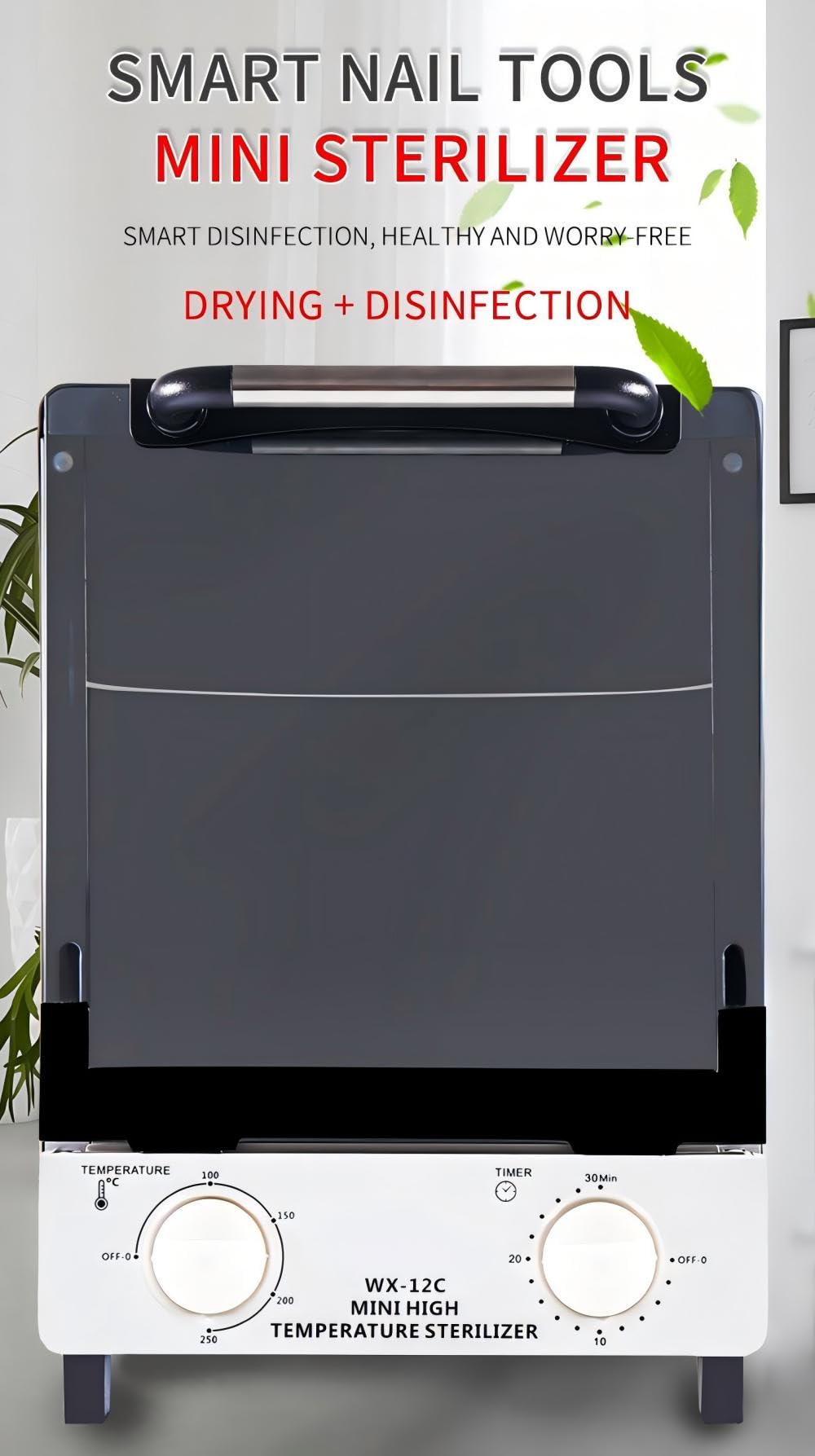 Sterilizer for Nail Tools, 12L Multifunctional High Temperature Cleaning Dry Box Stainless Steel with Temp Control, Timer, 2 Stainless Trays, Tweezer Sterilizer, Nail Salon Equipment