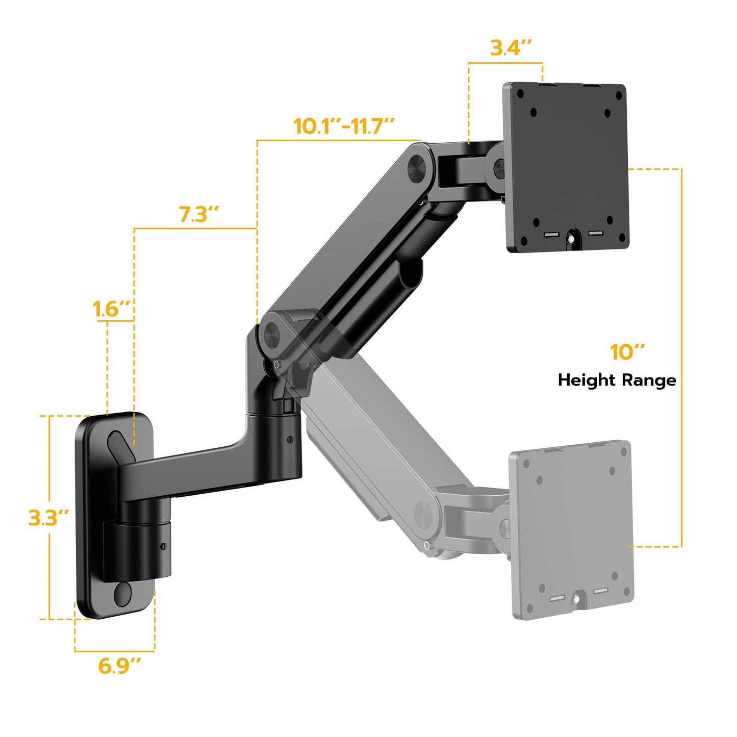 ARES WING Wall Mount Monitor Arm for 17-49 Inch Ultrawide Monitors, Heavy Duty Single Monitor Mount Holds 44 lbs, Fully Adjustable Gas Spring Arm Wall Mount, 75x75/100x100 VESA Mount, Black