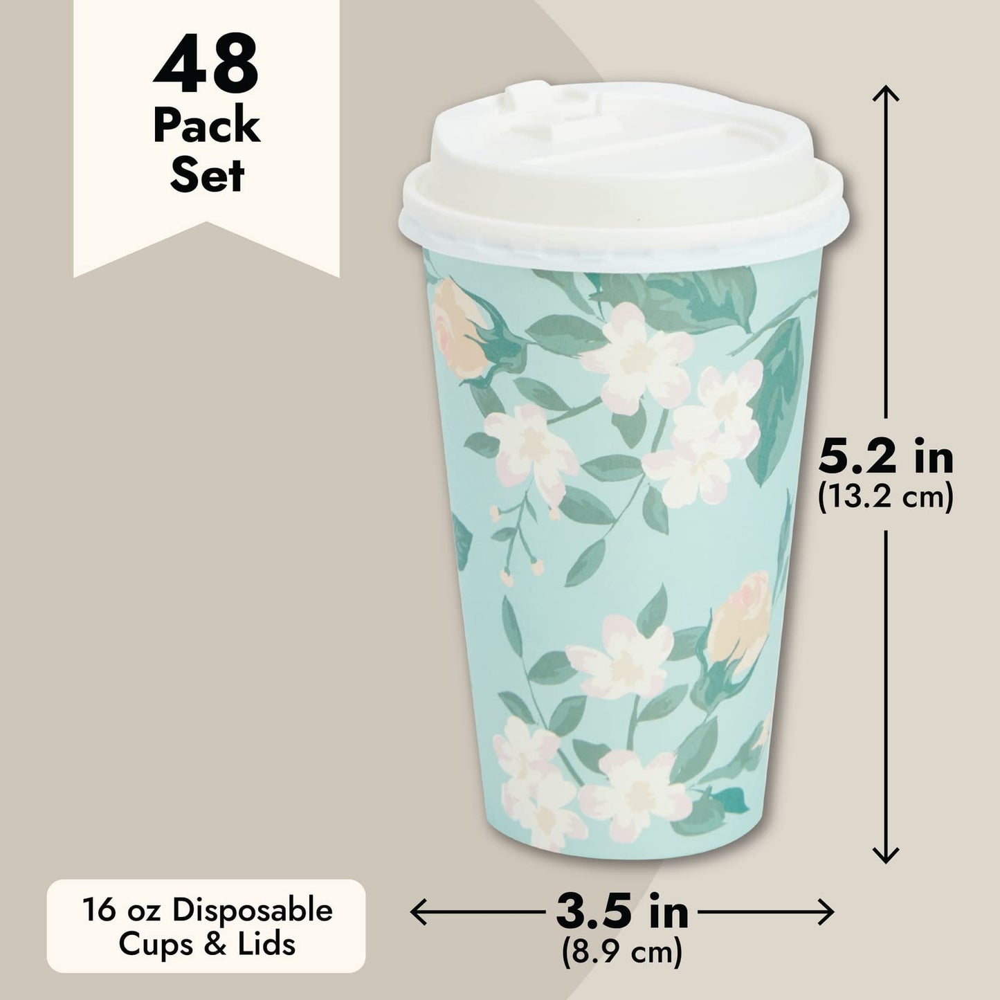 48-Pack Disposable Floral Paper Coffee Cups with Lids 16 oz, to Go Coffee Cups for Flower-Themed Birthday Party Supplies, Wedding Reception, Baby Shower (4 Pastel Colors)