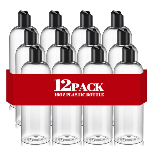 16 oz Clear Plastic Empty Bottles with Black Disc Top Caps, 12 Pcs Squeezable Refillable Shampoo Bottles Travel Cosmetic Containers for Lotions, Body Soap Cream