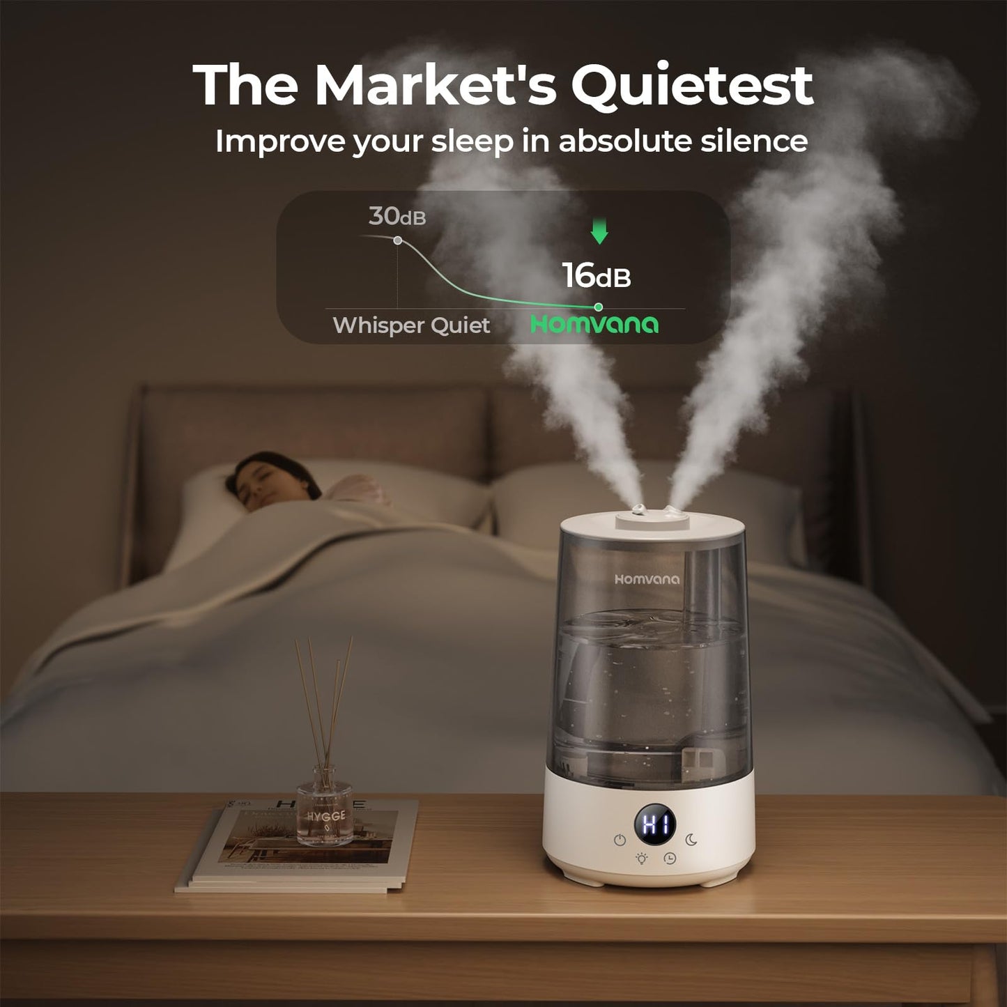 Homvana Humidifiers for Bedroom Home, 3.6 L Cool Mist Top-Fill 34H Super Long Time, Quiet 16dB, Baby Humidifier, Oil Diffuser Large, Plants, Nursery, Office BPA FREE, 7 Color Light (Grey)