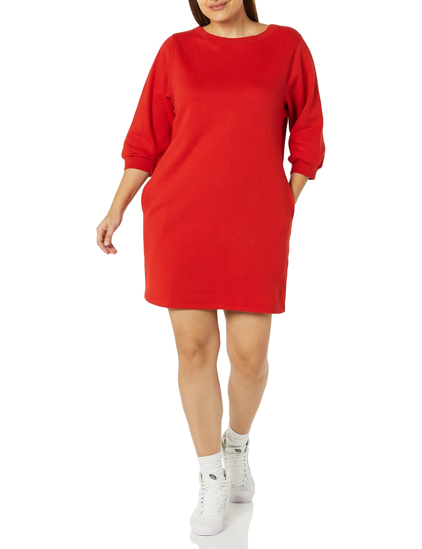 Amazon Essentials Women's Fleece Blouson Sleeve Crewneck Sweatshirt Dress (Available in Plus Size), Red, Large