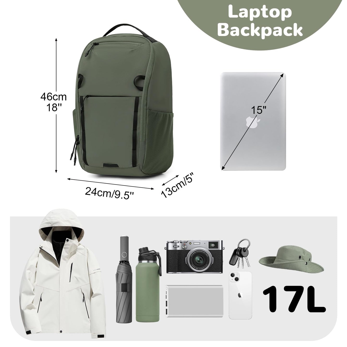 Outplea 17L Small Travel Carry On Backpack with Front Opening for Men Women, Waterproof 15" Laptop Backpack, Green
