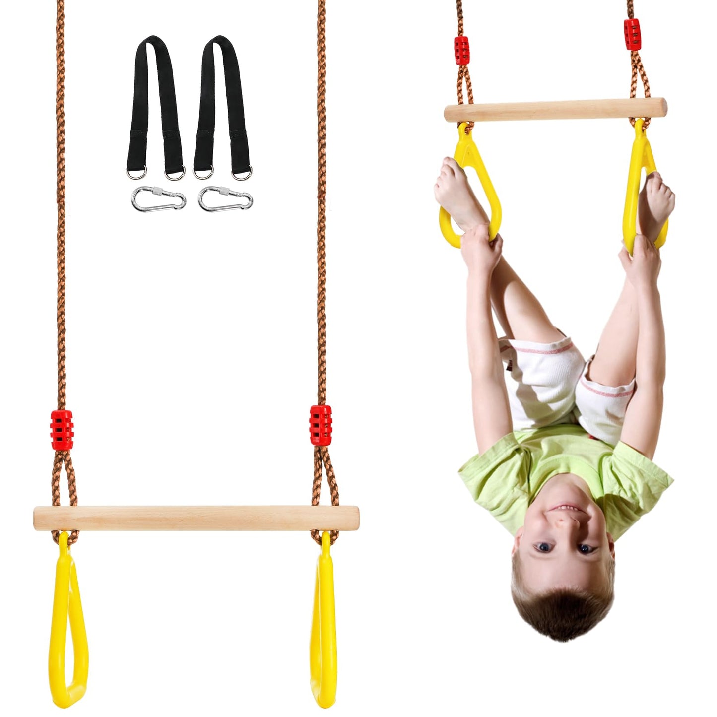 Covzoe Trapeze Bar, 16" Adjustable Height Wooden Swing Set, Trapeze Monkey Bar Assembly with Rings, Gym Hanging Accessories Playground Attachments
