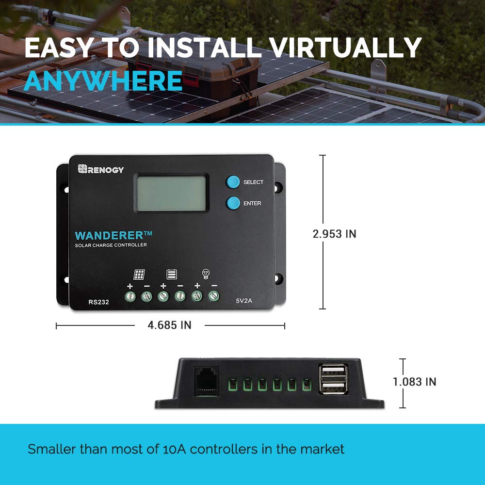 Renogy Wanderer 10 Amp 12V/24V PWM Negative Ground Solar Charge Controller Regulator