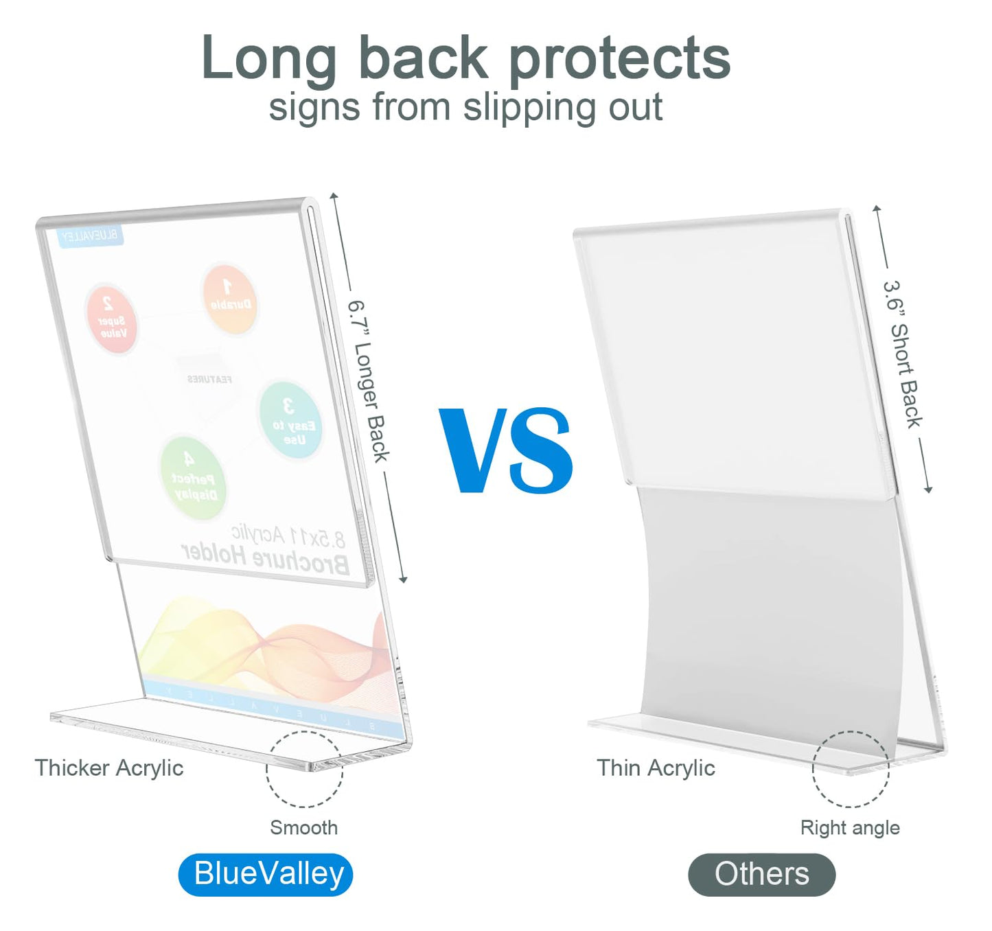 BlueValley Clear Acrylic Sign Holder - 8.5x11" Slant Paper Display Holder for Office Desktop, Acrylic Stand for Display Show Fairs Flyer Brochure, Exhibition Document Poster Ad, Photo Picture Frame, Catering Table Menu-6 Pack