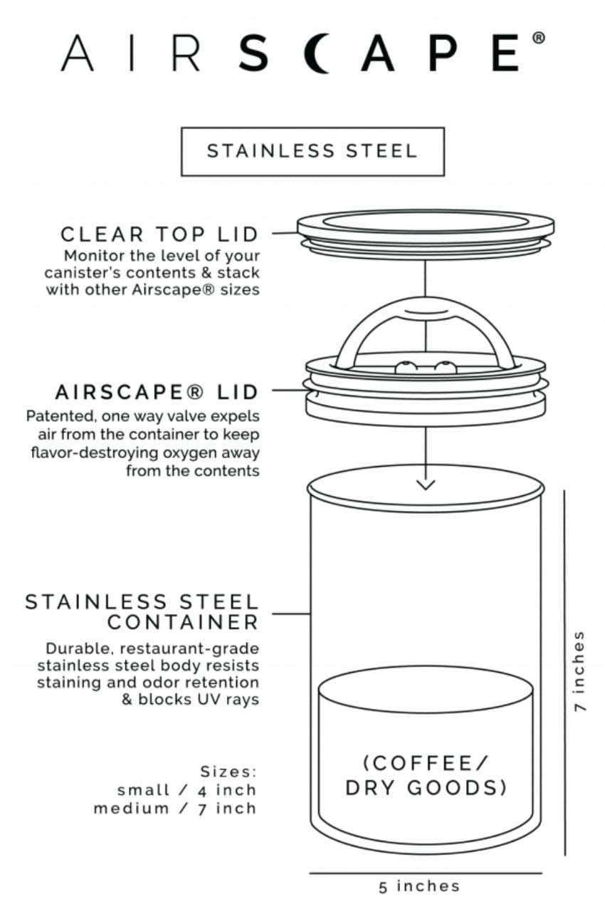 Airscape Stainless Steel Coffee Canister | Food Storage Container | Patented Airtight Lid | Push Out Excess Air Preserve Food Freshness (Matte Black, Medium)