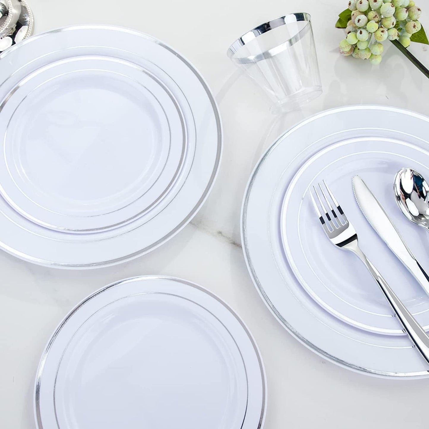 60Pcs Plastic Party Plates White Silver Rim, 30 Premium Heavy Duty 10.25 Inch Dinner Plates and 30 Disposable 7.5 Inch Dessert Appetizer Elegant Fancy Heavy Duty Wedding Plates