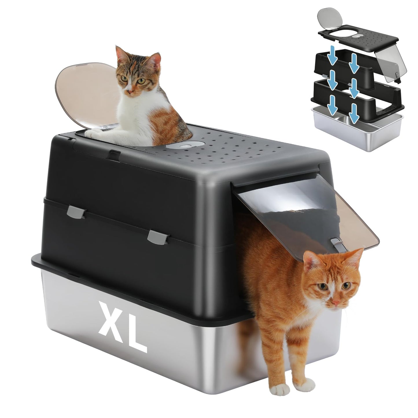 PAWZ Road Stainless Steel Cat Litter Box, Large Enclosed Litter Box with Front & Top Entry, Non-Sticky Metal Bottom with High Sides and Scoop, Easy to Clean, Anti-Leakage for Large Cats,Black