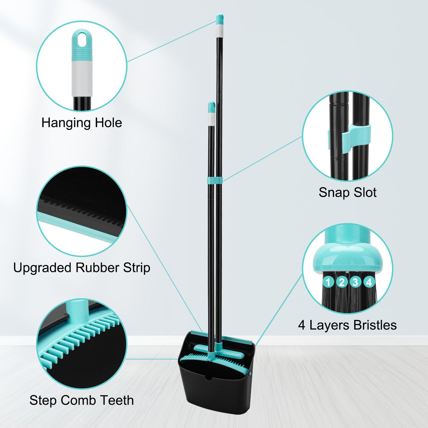Broom and Dust pan with 52Inch Long Extendable Handle,Broom with Dustpan Combo Set, Standing Broom Sets for Indoor Kitchen Room Office Lobby Floor Cleaning