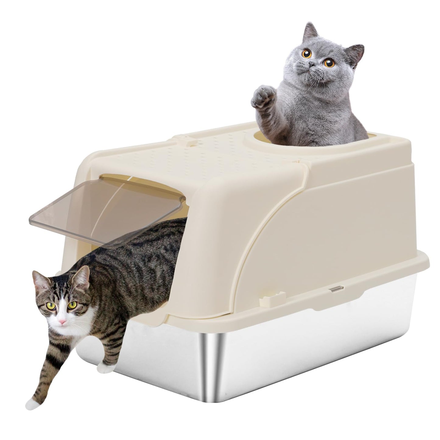Stainless Steel Cat Litter Box with Lid, XXL Large Enclosed High Sided Litter Box with Removable Lid, Easy Cleaning, Anti-Urine Leakage for Big Cats White