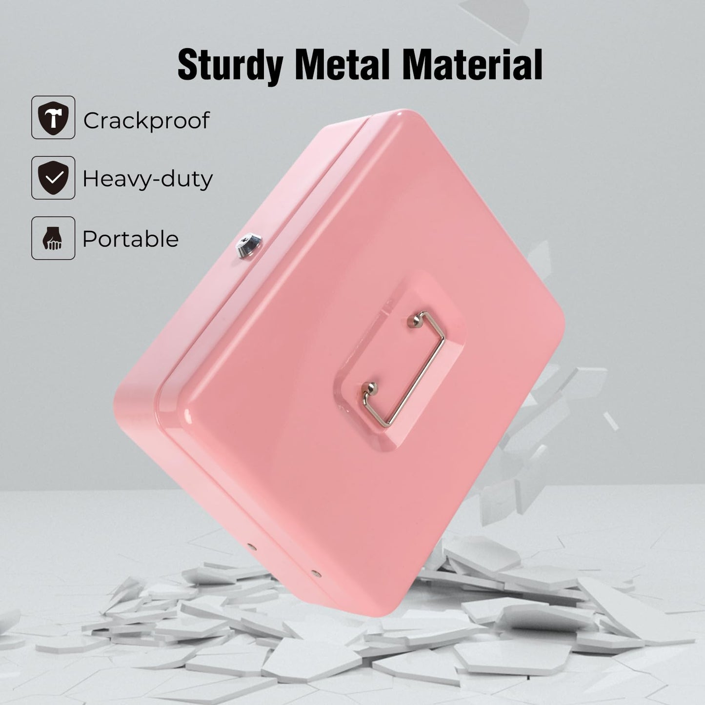 Cash Box with Lock and Money Tray, Metal Money Box with Key and Coin Crate, Cash Register Lock Box for Money Pink 11.8 x 9.4 x 3.54 Inches XL Large