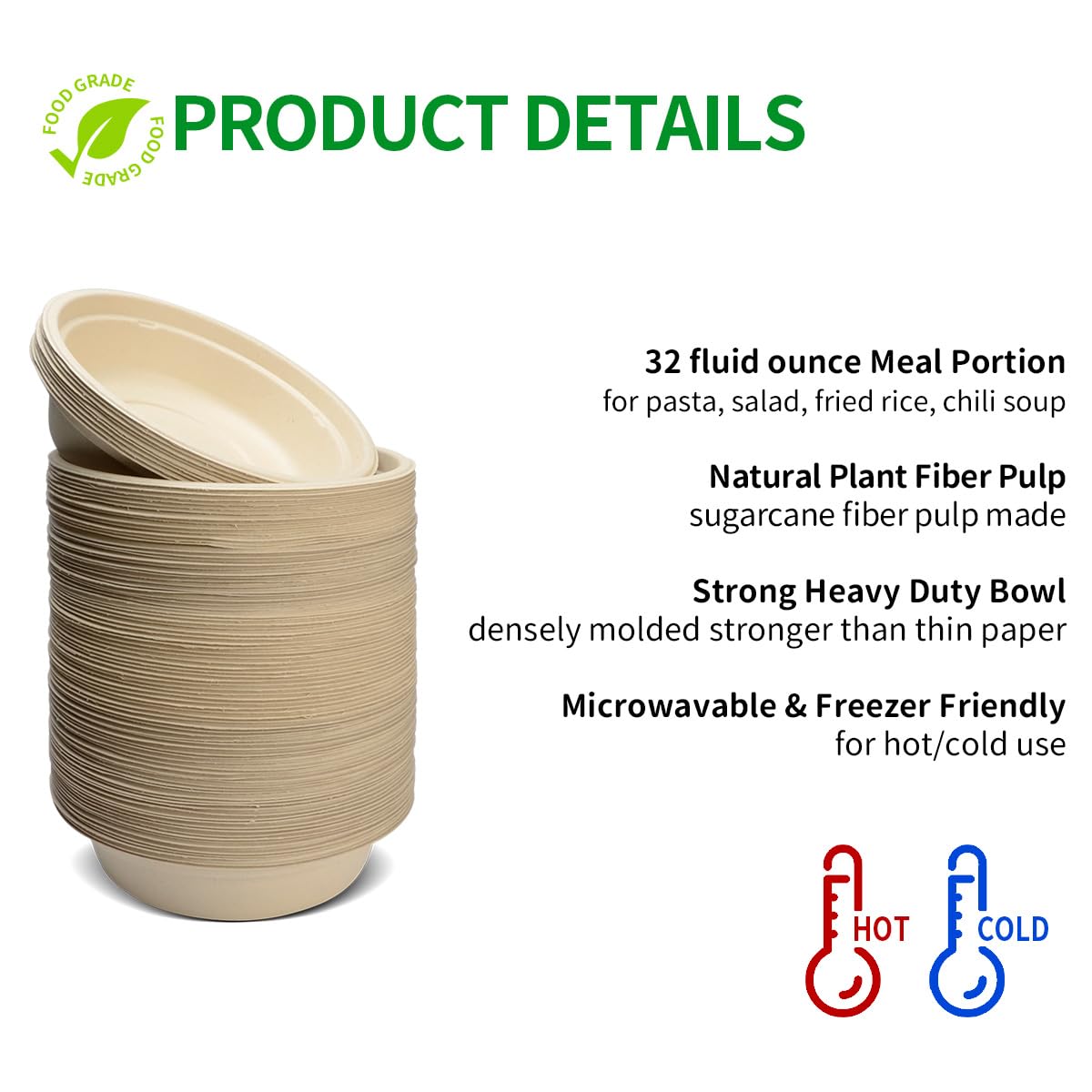 bloomoon 100 Pack 32 oz Large Round Paper Bowls for Salad, Pasta, Burrito, Lunch and Snack, Heavy Duty 32 oz Disposable Bowls for Party and Catering