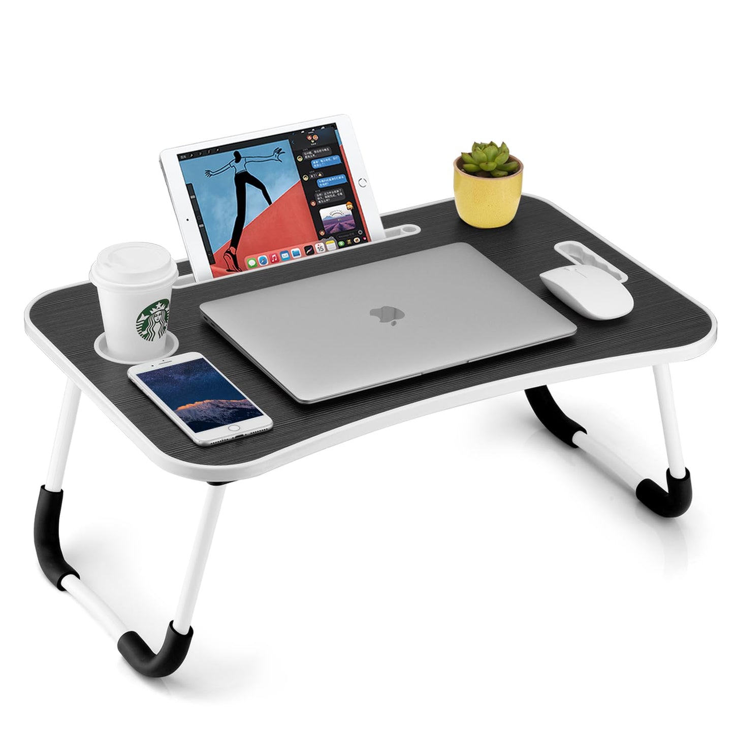 FISYOD Folding Laptop Table, Portable Lap Desk for Bed and Sofa, Laptop Stand with Cup Holder and Tablet Slot and Lift Handle for Work, Writing, Drawing and Eating