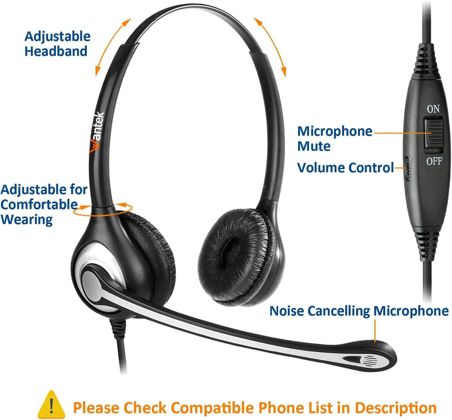 Wantek Corded Telephone Headset Mono with Noise Canceling Mic for ShoreTel Plantronics Polycom Zultys Toshiba NEC Dterm Nortel Norstar Meridian Siemens ROLM Packet8 Landline Deskphones (F600S2)