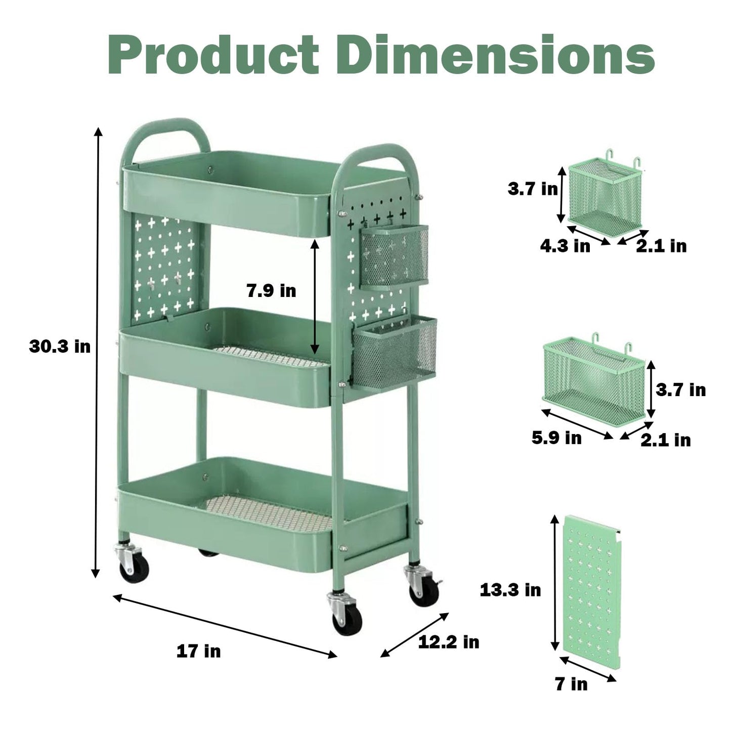 3 Tier Rolling Cart Storage Organizer,Heavy Duty Mesh Rolling Storage Cart Organizer，Metal Utility Cart with Wheels Baskets Hooks Pegboards,Craft Cart for Kitchen,Bathroom,Living Room,Office（Green）