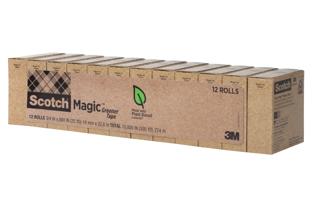Scotch Magic Greener Tape, 12 Rolls, Numerous Applications, Invisible, Engineered for Repairing, 34 x 900 Inches, Boxed