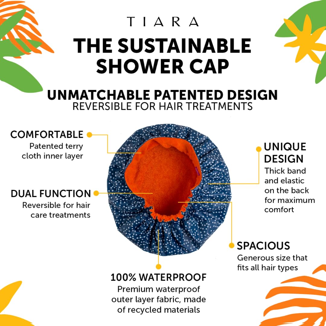 TIARA Shower Cap for Women, Terry Lined – Leak-Free, Washable and Waterproof Shower Cap – Reusable Shower Cap for all Hair Lengths/Styles – Also Works as a Deep Conditioning Cap – Dots Blue