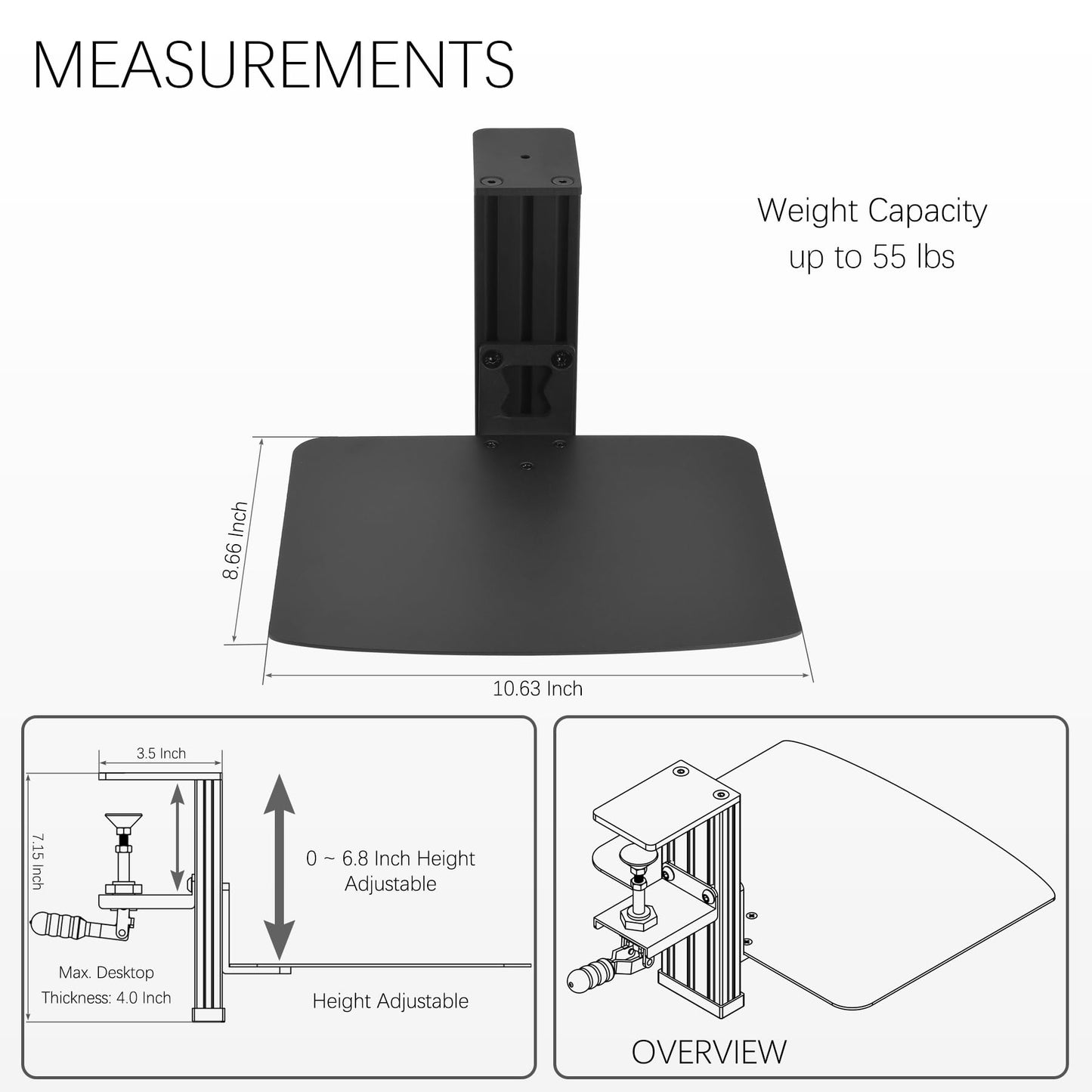 VTUIFBT Metal Clamp-on Adjustable Computer Mouse Pad and Device Holder for Desks, Metal Computer Mouse Desk Mount Pad, 10.63" x 8.66" Ergonomic Desk Extender Tray, Fits up to 4 Inch Desktops, Black
