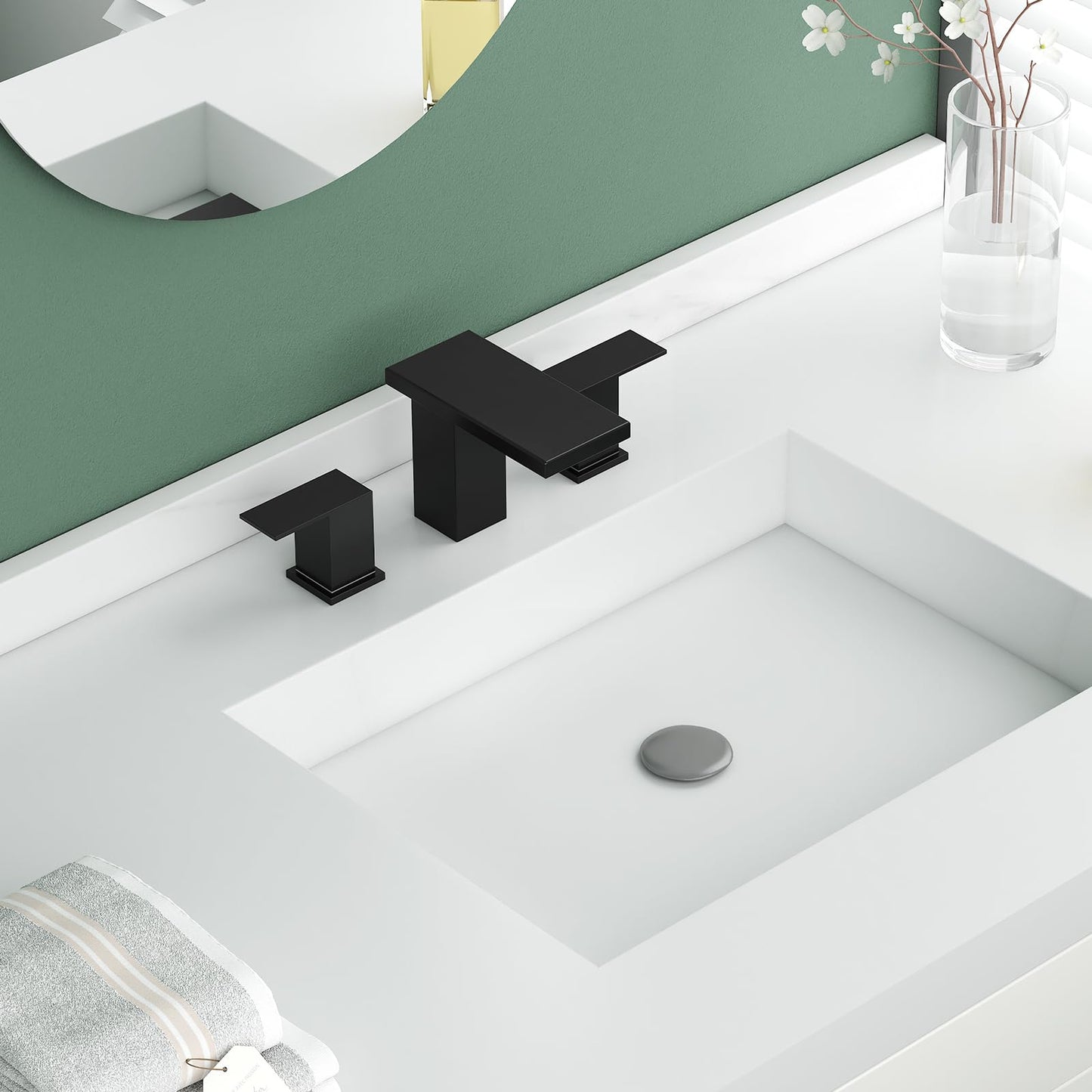 Hoimpro 8 Inches Widespread Waterfall Bathroom Sink Faucet, 2 Handles Vanity Matte Black Bathroom Faucet with cUPC Supply Hoses, 3 Holes Basin Faucet with Pop Up Drain, Stainless Steel, Matte Black