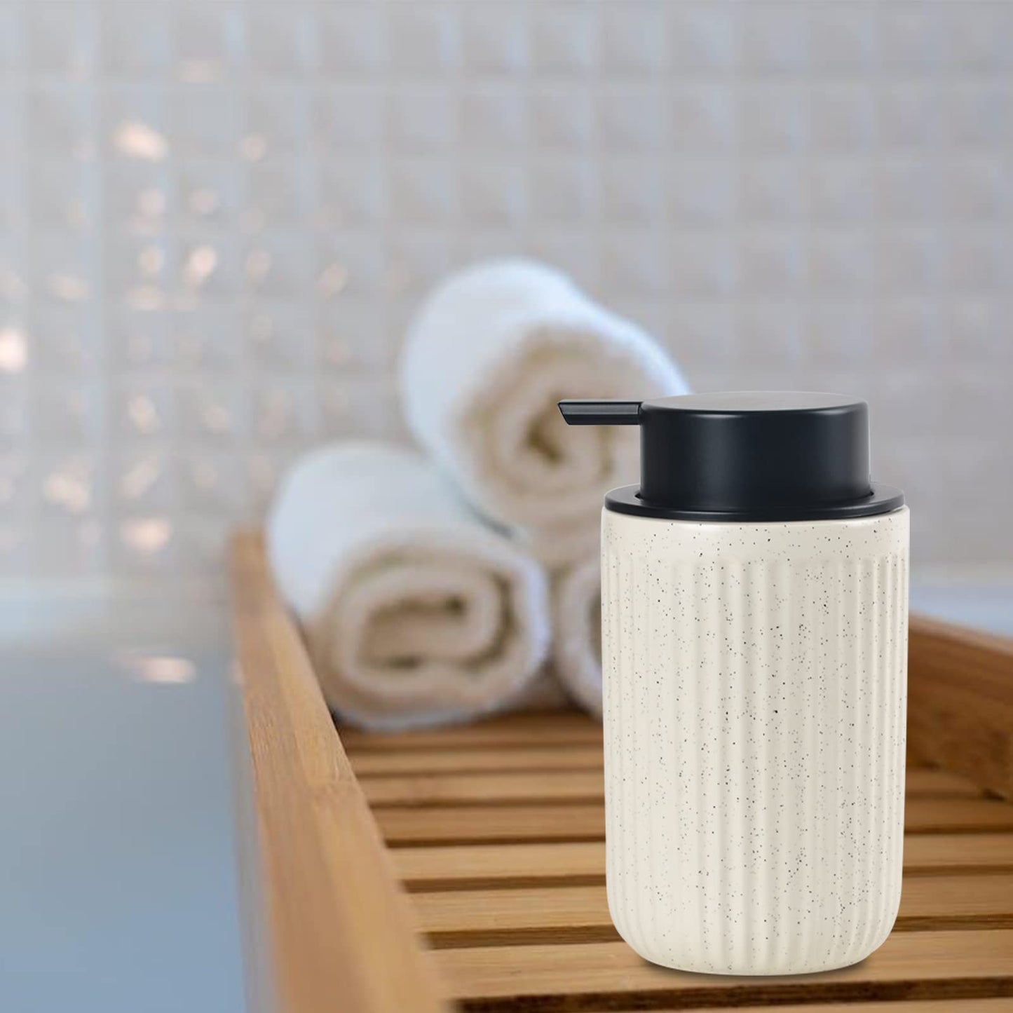 BosilunLife Foaming Soap Dispenser Set - Beige Ceramic Foam Hand Soap Dispenser 12ozwith Rust Proof Pump, Easy Pressing & Refillable, 4Pcs Clear Stickers for Kitchen, Bathroom - 2 Pack