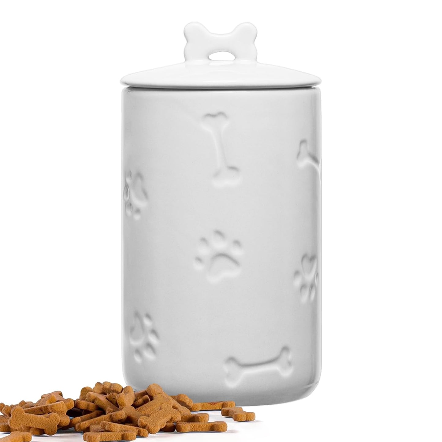 NIXBYO Ceramics Dog Food Storage Container, 5" Round x 9" Tall Cat Dog Pet Treat Jar, with Rubber Sealing Ring Cup Lid and Bone Handle,White for Small, Medium and Large Dogs Cookie Jar