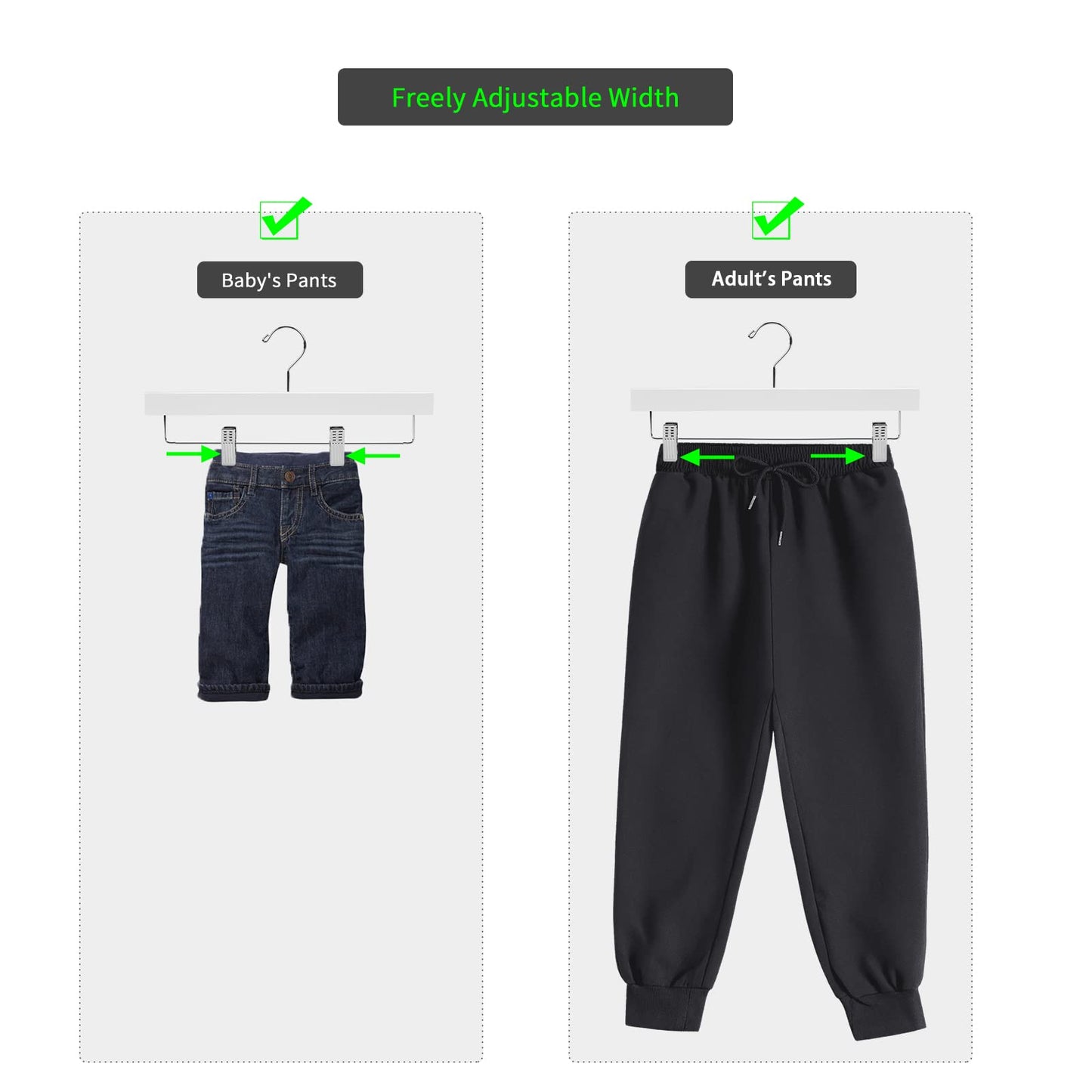 Nature Smile Solid Lotus Wood Deluxe Wooden Pants Hangers Bottom Hanger Jeans Hanger Skirt Hanger with 2-Adjustable Clips Anti-Rust Hook Pack of 10 (White)