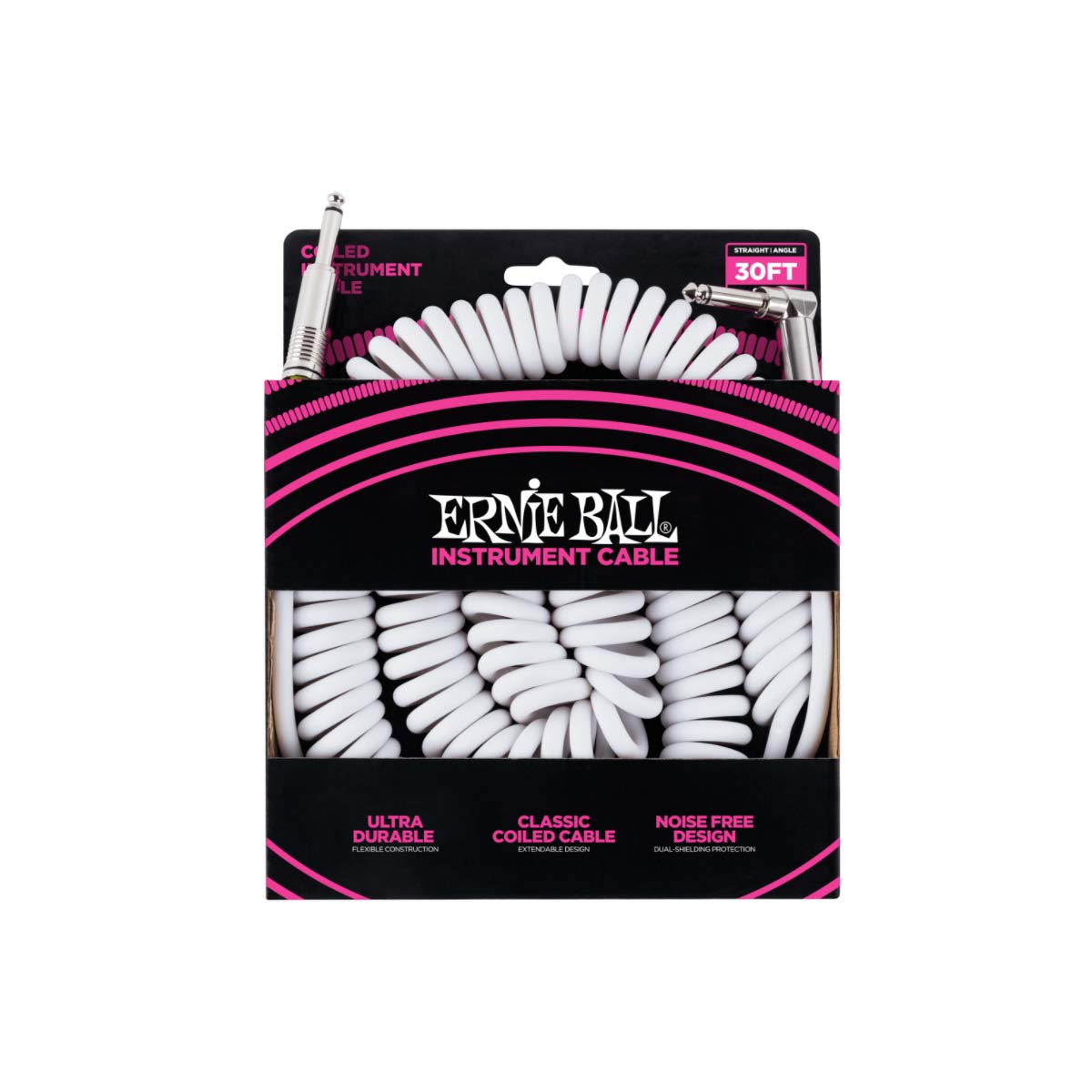 Ernie Ball 6045EB Straight/Angled Coiled Instrument Cable White 30'