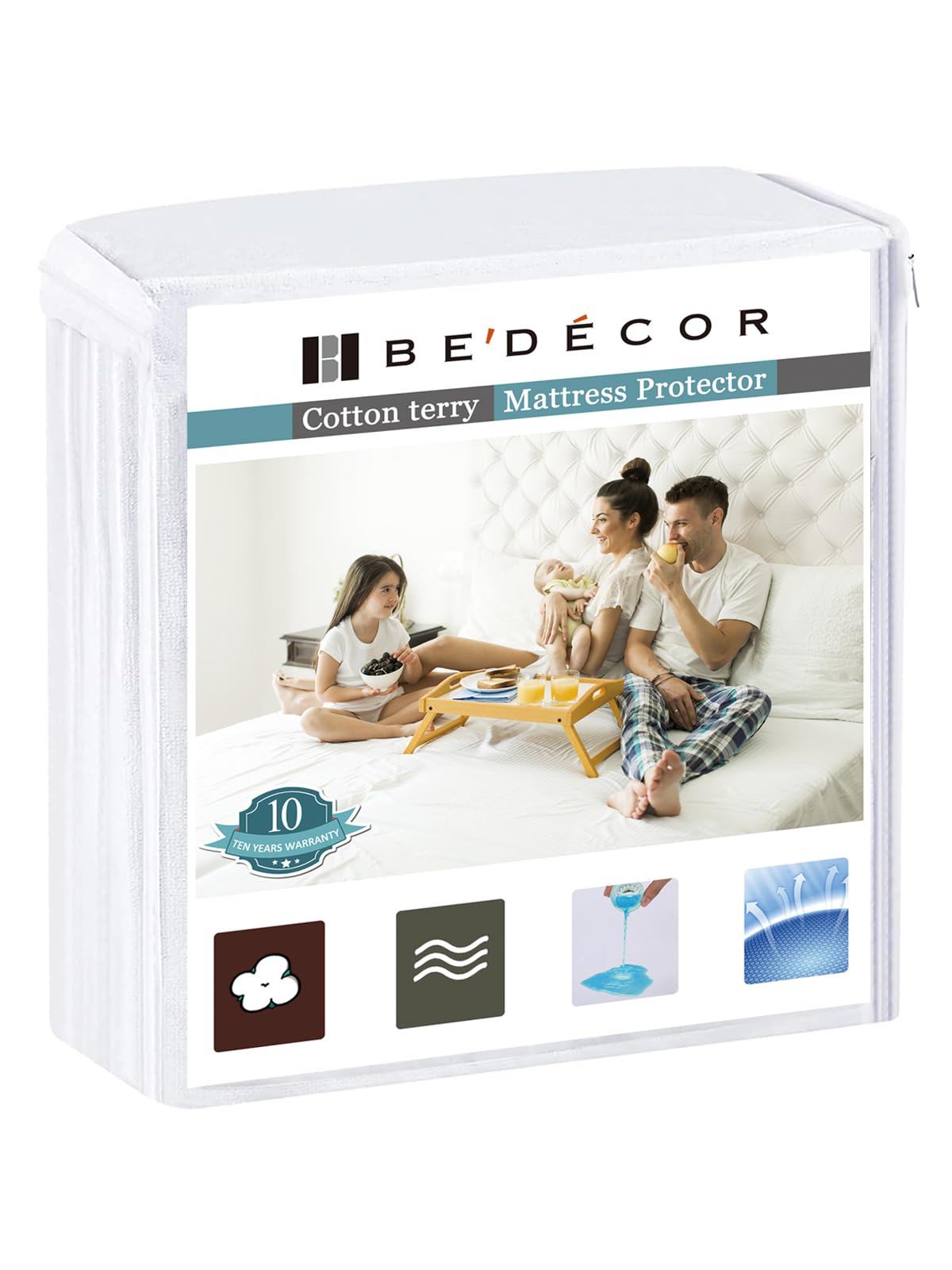 Bedecor Double Bed Mattress Protector Waterproof Full, Breathable and Noiseless Mattress Cover, Fit Up to 18" Deep Pocket, White Soft Premium Cotton Protectors for Home Bedding