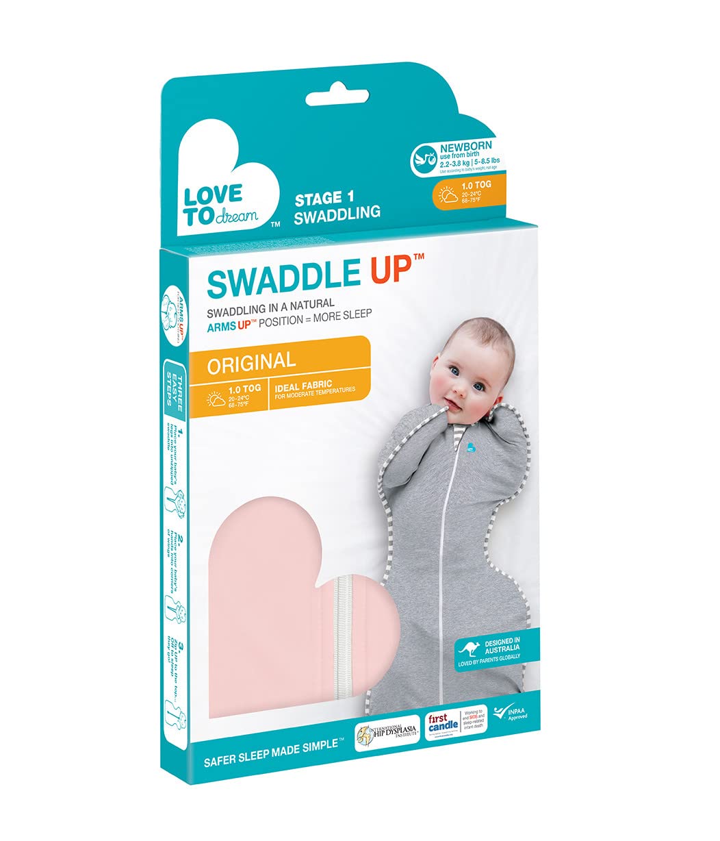 Love to Dream Swaddle UP, Baby Sleep Sack, Swaddle Up Self-Soothing Swaddles for Newborns, Get Longer Sleep, Snug Fit Helps Calm Startle Reflex, 1.0 TOG Sleep Sack, 3.5-6kg, Dusty Pink