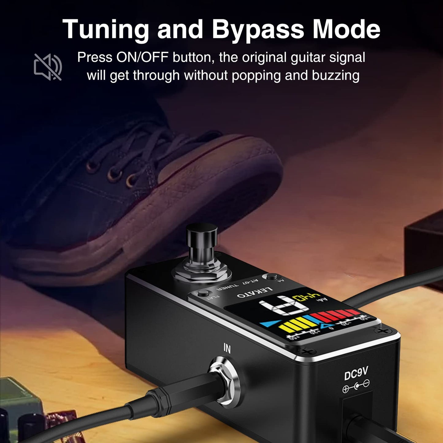 Guitar Tuner Pedal with True Bypass, Tuner for Electric Guitar and Bass, Color Display Tuner Pedal with Mute, Pitch and Flat Tuning