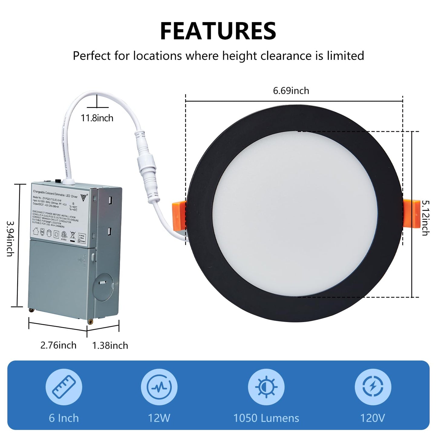 CycevSun Black Pot Lights LED 6 Inch Slim Recessed Lighting, Dimmable & 5CCT Selectable Downlight Panel Exterior Indoor/Outdoor Soffit, 9W, cETL, 6 Pack