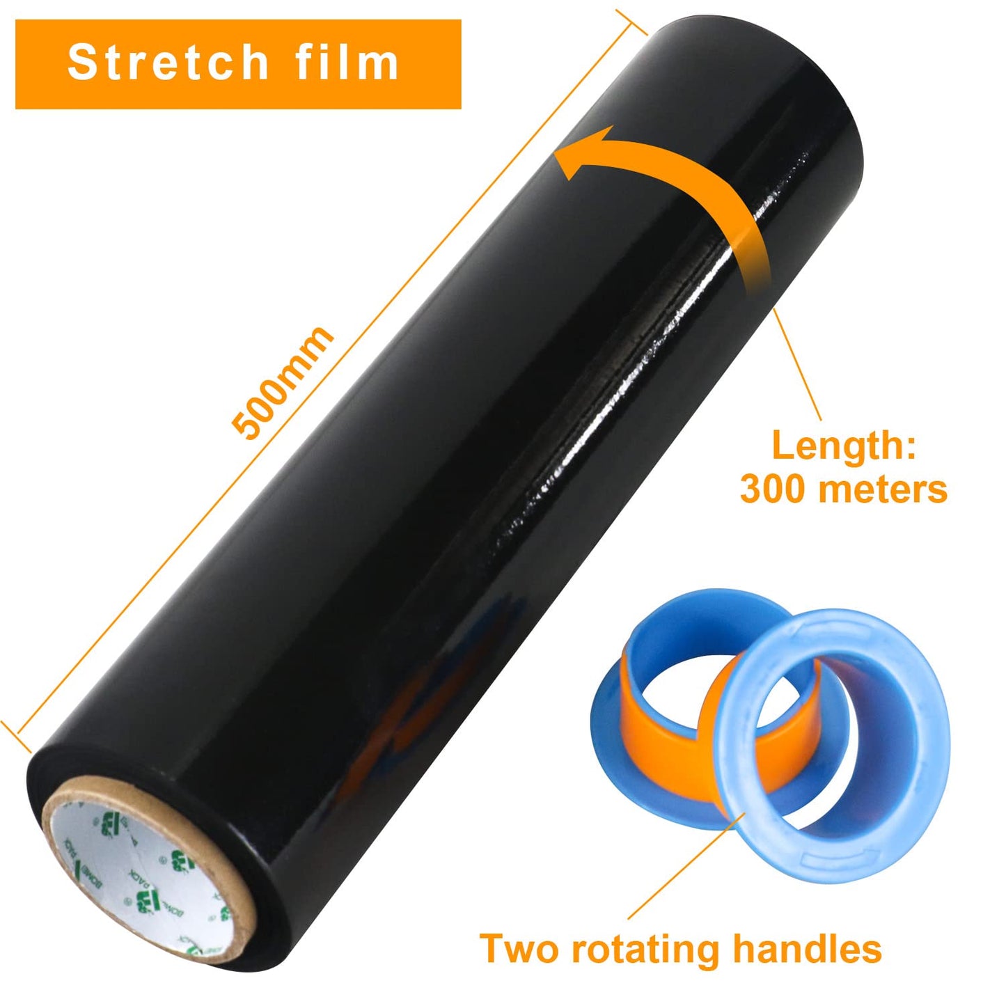 BOMEI PACK Stretch Wrap Film Black, Plastic Wrap 20 inch x 1000ft, 2 Packs with Rotatable Sleeve