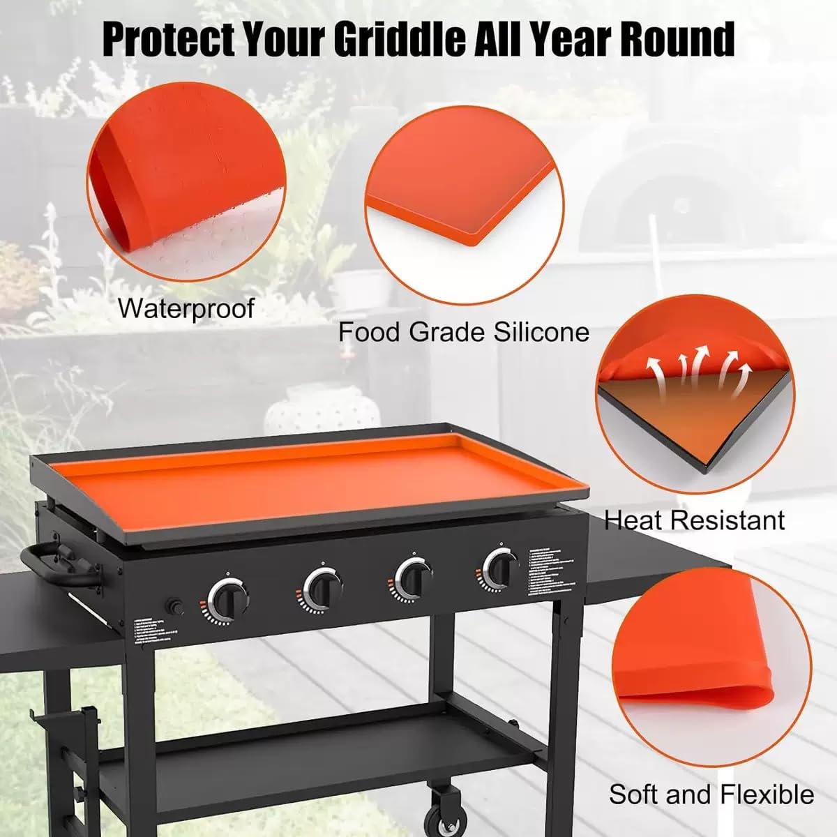 Griddle Cover,Silicone Griddle Mat,36 inch Heavy Duty Food Grade Grill for Blackstone,Keep Surface Clean,High-Wall Design (Orange)