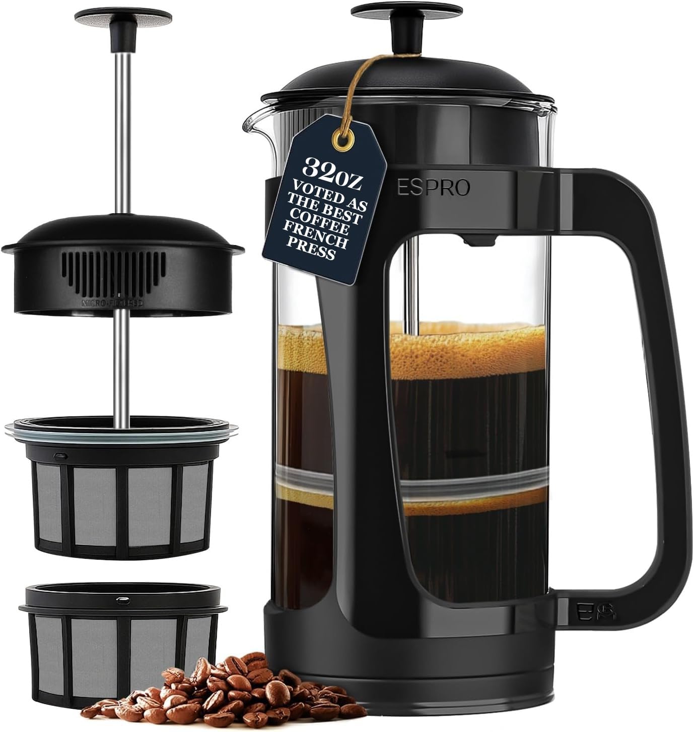 ESPRO Light P3 French Press Coffee Maker – Patented Double MicroFilter for Grit-Free Brew, High Heat Resistant thicker Borosilicate Glass Coffee press & Easy Clean Design – (32 oz)
